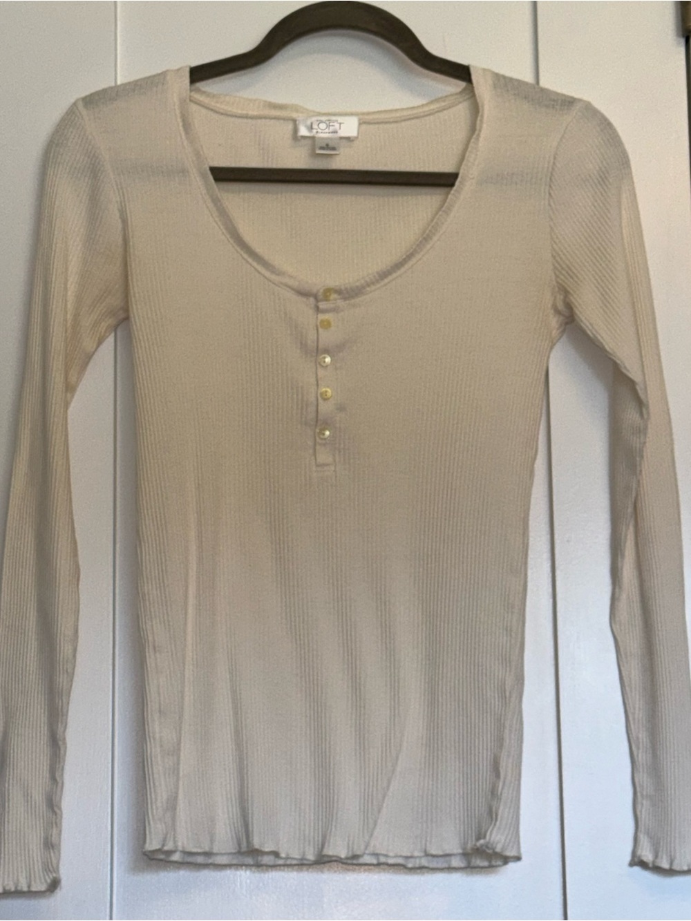 LOFT Cream Ribbed Henley Long Sleeve Top